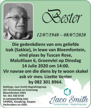BESTER-Izak-Nn-Sakkie-1940-2020-M