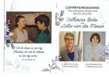 BOTES-Martha-Catharina-Nn-Catharina-nee-Bezuidenhout-1943-2024-F---MERWE-VAN-DER-Charlotta-Catharina-Nn-Lottie-nee-Els-1974-2024-F