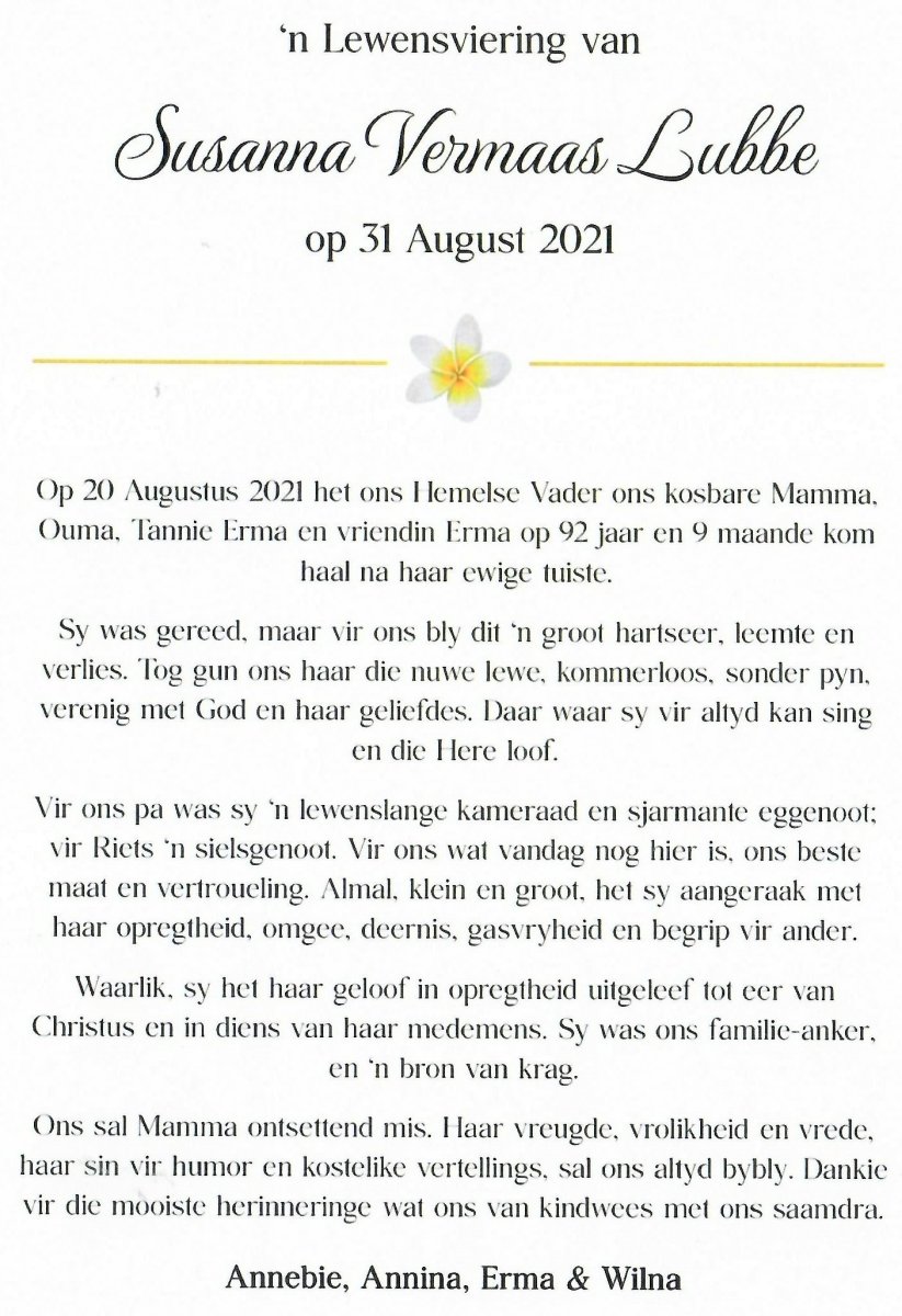 LUBBE-Susanna-Vermaas-Nn-Erma-nee-Hamman-1928-2021-F-96