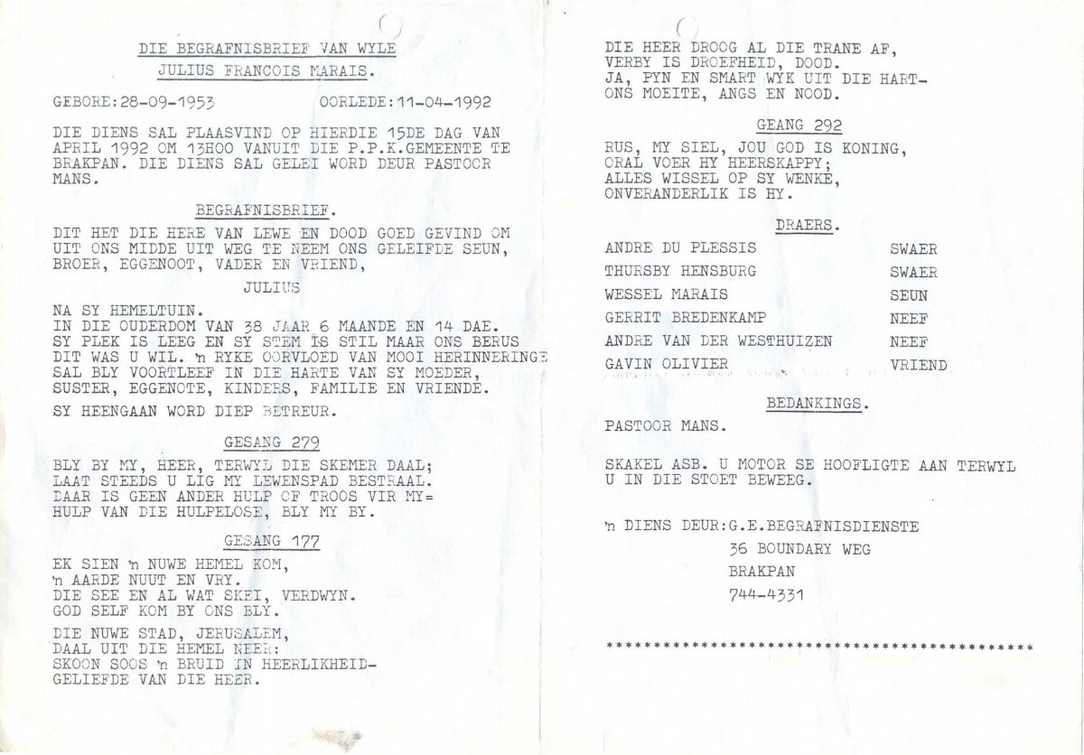 MARAIS-Julius-Francois-Nn-Julius-1953-1992-M_1