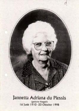 PLESSIS-DU-Jannetta-Adriana-Nn-Jannie-nee-Kruger-1910-1998-F