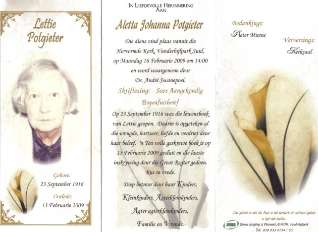 POTGIETER, Aletta Johanna 1916-2009
