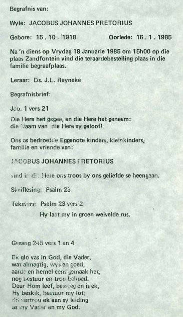 PRETORIUS, Jacobus Johannes 1918-1985