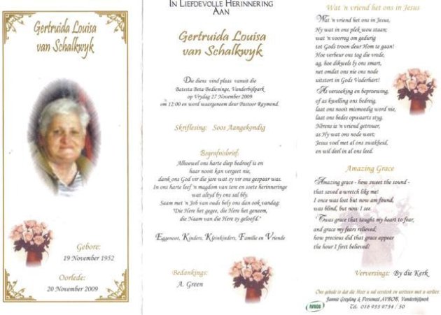 SCHALKWYK, Gertruida Louisa van 1952-2009