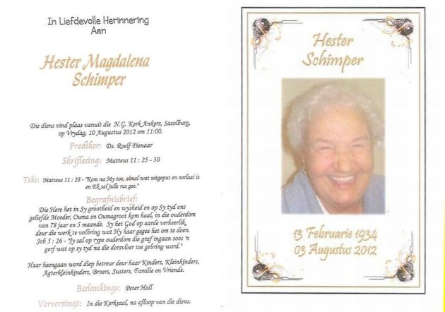 SCHIMPER, Hester Magdalena 1934-2012