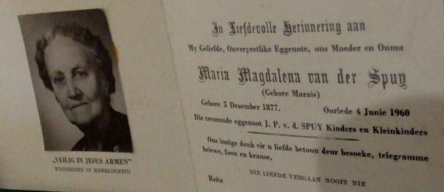 SPUY, Maria Magdalena van der nee MARAIS 1877-1960