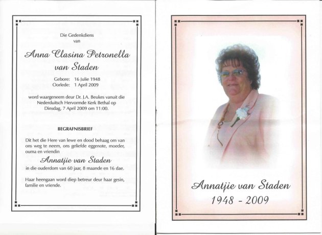 STADEN, Anna Clasina Petronella van 1948-2009