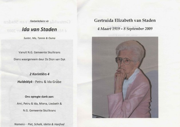 STADEN, Gertruida Elizabeth van 1919-2009