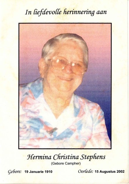 STEPHENS, Hermina Christina nee CAMPHER 1910-2002