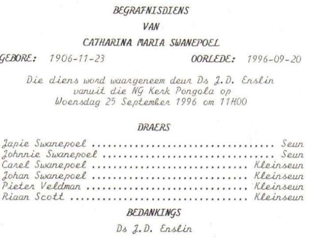 SWANEPOEL, Catharina Maria 1906-1996