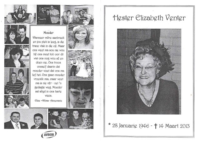 VENTER, Hester Elizabeth 1946-2013