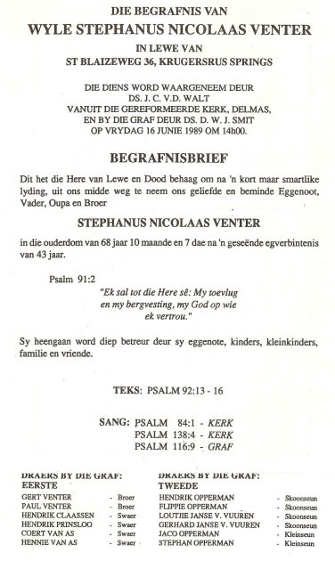 VENTER, Stephanus Nicolaas 1921-1989