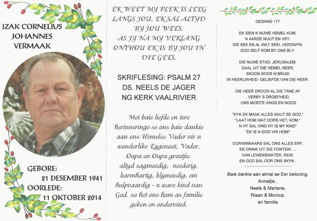 VERMAAK, Izak Cornelius Johannes 1941-2014