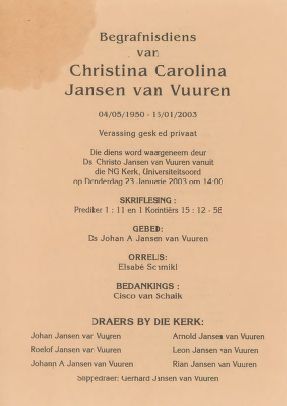 VUUREN Christina Carolina Jansen van 1950-2003