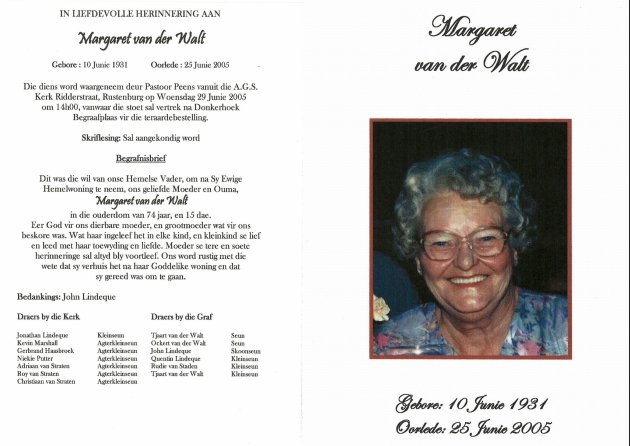 WALT, Margaret van der 1931-2005