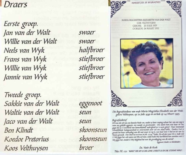 WALT, Maria Magrietha Elizabeth van der nee VELTHUYZEN 1939-1995