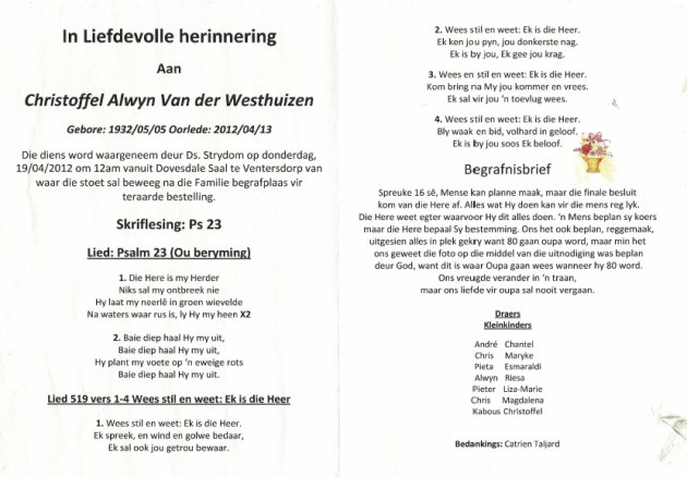 WESTHUIZEN, Christoffel Alwyn van der 1932-2012
