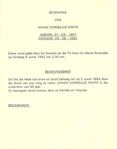 WHITE, Johan Cornelius 1907-1992