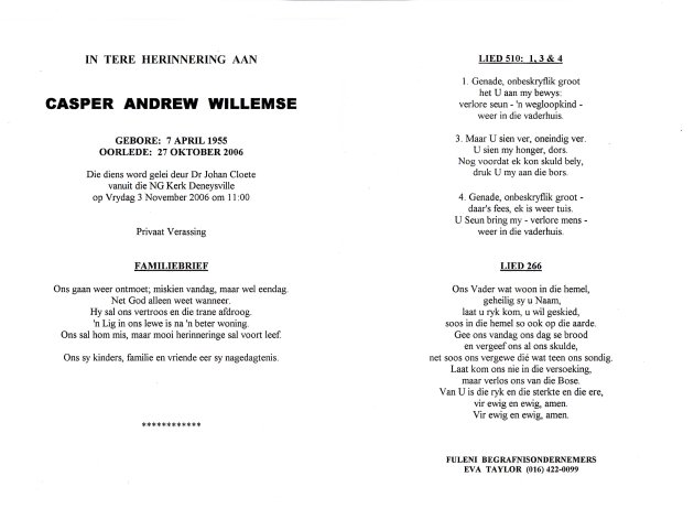 WILLEMSE, Casper Andrew 1955-2006