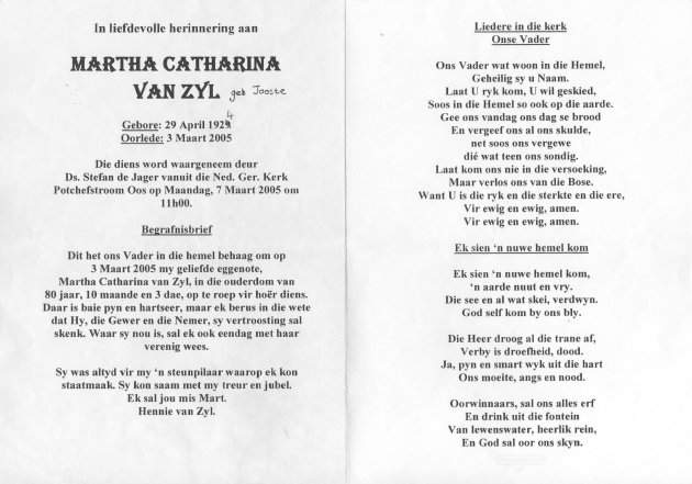ZYL, Martha Catharina van nee JOOSTE 1924-2005